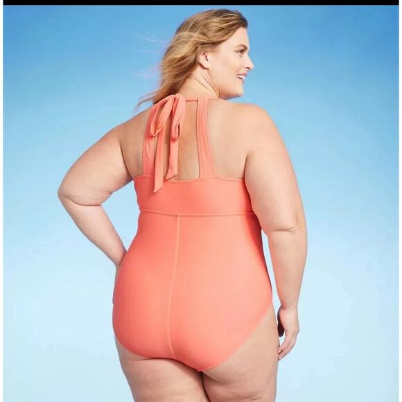 Kona Sol Women's High Neck Halter One Piece Swimsuit Tummy Control Coral Size 22 - Picture 2 of 2